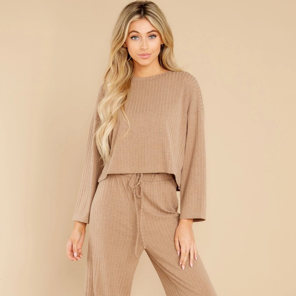 Story Taupe Top and Pant Lounge Set Casual Evening